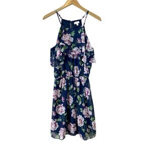 Charming Charlie Women’s Floral Sleeveless Mini Dress Blue Multi S Ruffle Summer